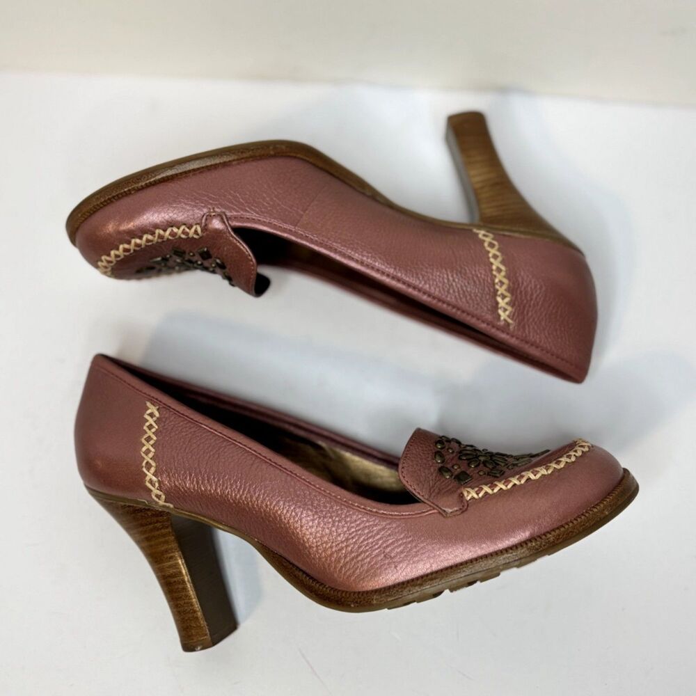 Gianni Bini Metallic Rose Gold Leather Loafer Pumps Studded Beaded Womens - Picture 4 of 5